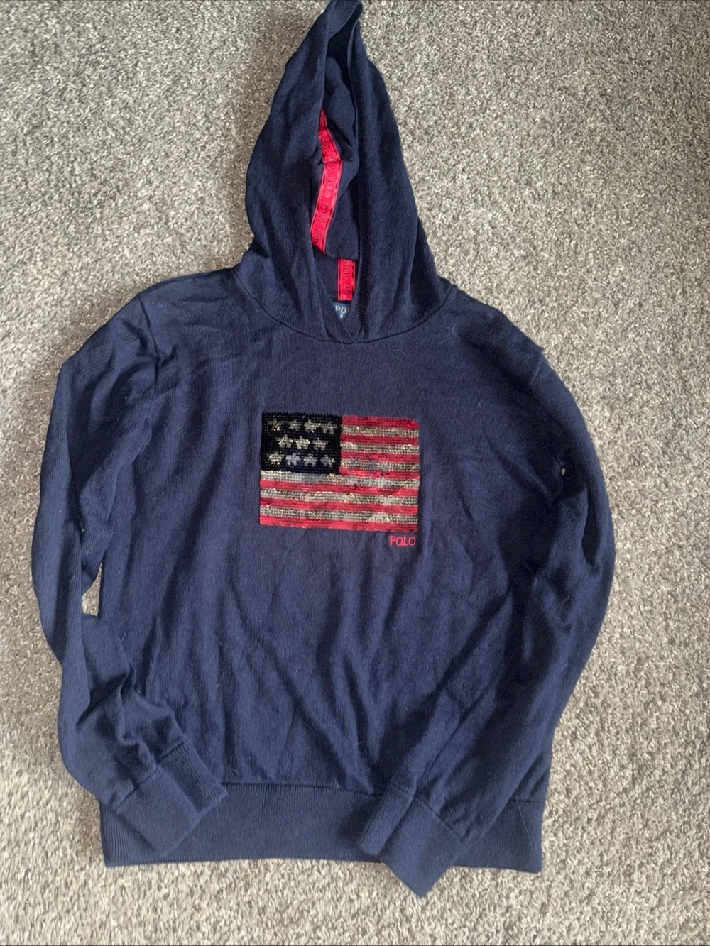 Ralph Lauren Navy Hoodie with Red Trim and Flag Motif